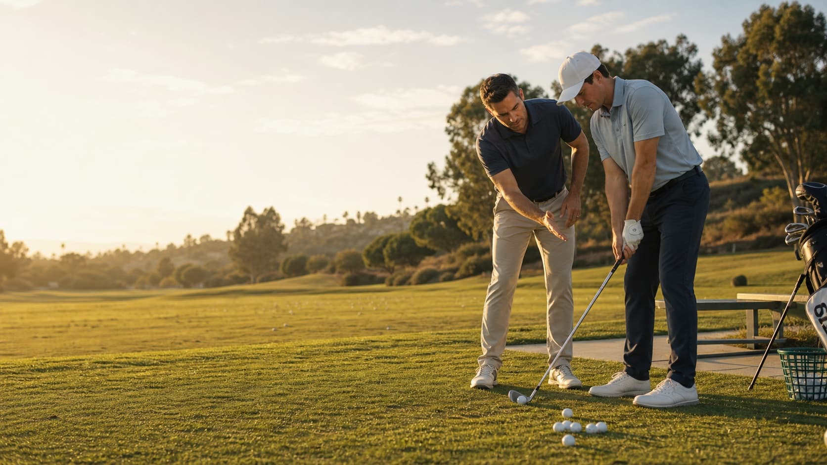A golf coach working with a golfer on the practice range at golden hour